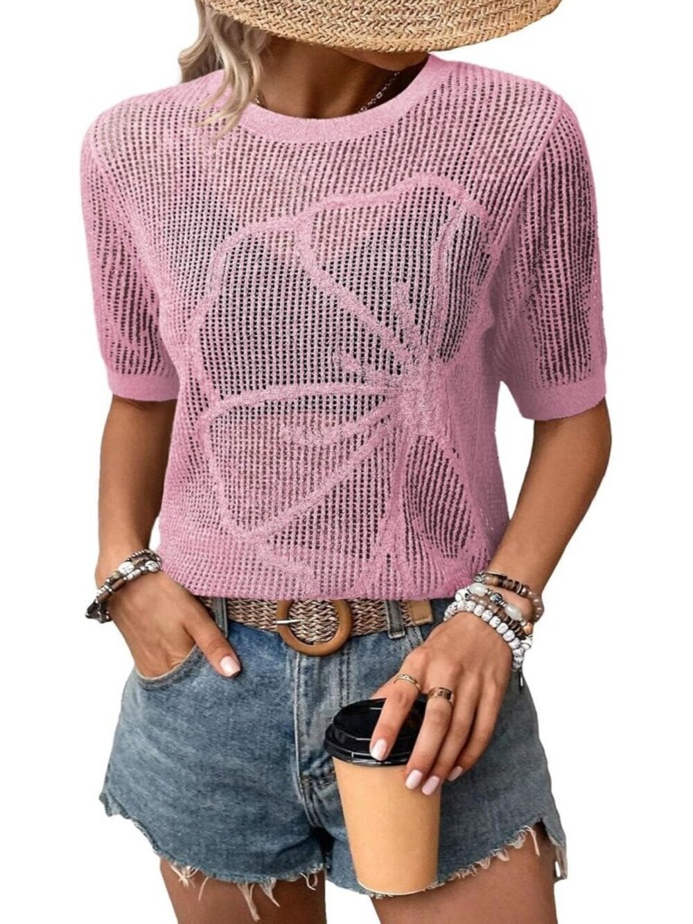Women Pink Summer Short Hollow Out Floral Sweaters Beach Vacation Cruise Tops